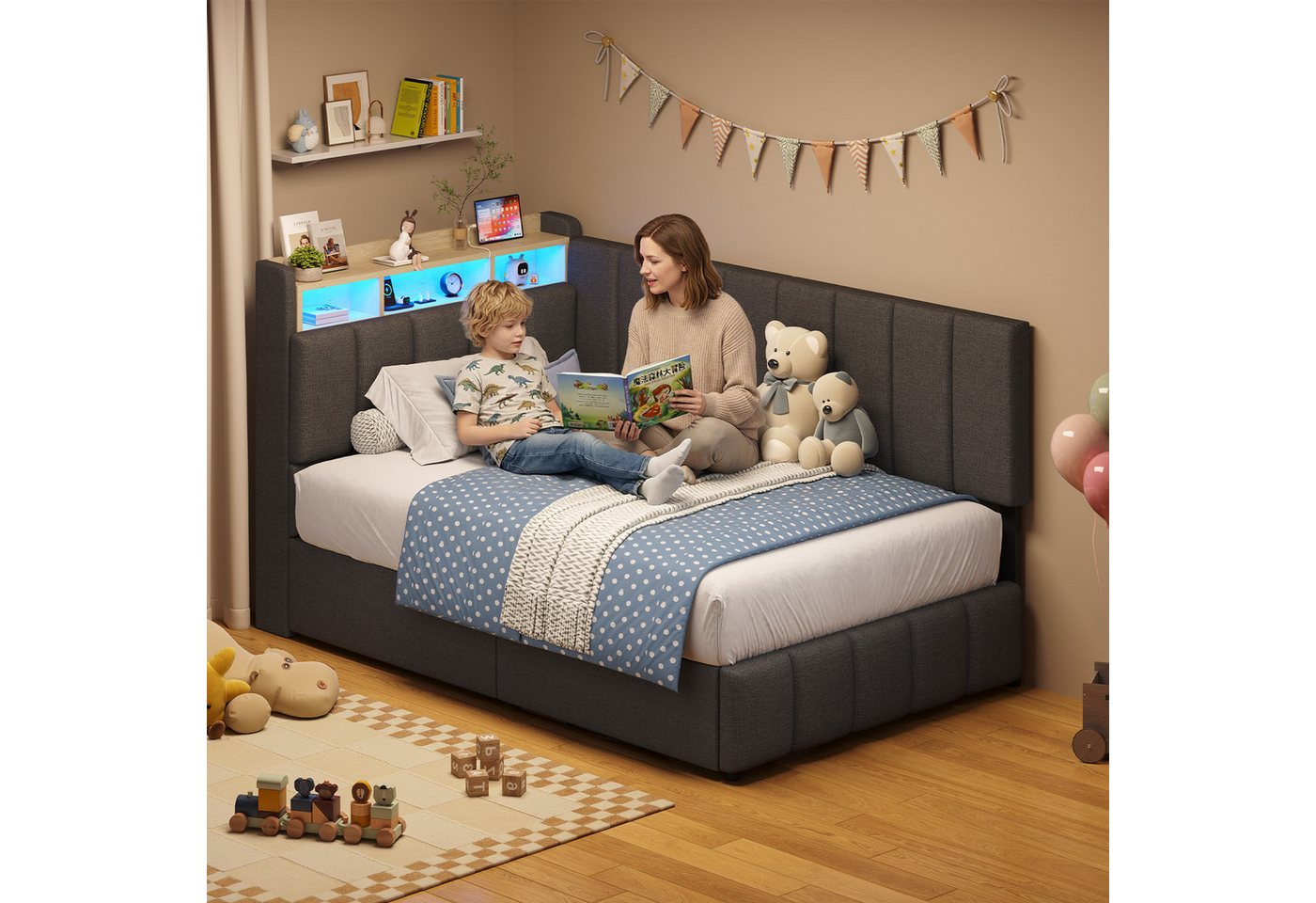 KIMENICH Jugendbett Polsterbett mit LED, Ladestation & Bettkas, Daybett, Schlafsofa (Ohne Matratze), Tagesbett für Schlaf- und Gästezimmer in 90 x 200 cm – Bild 3 von 5