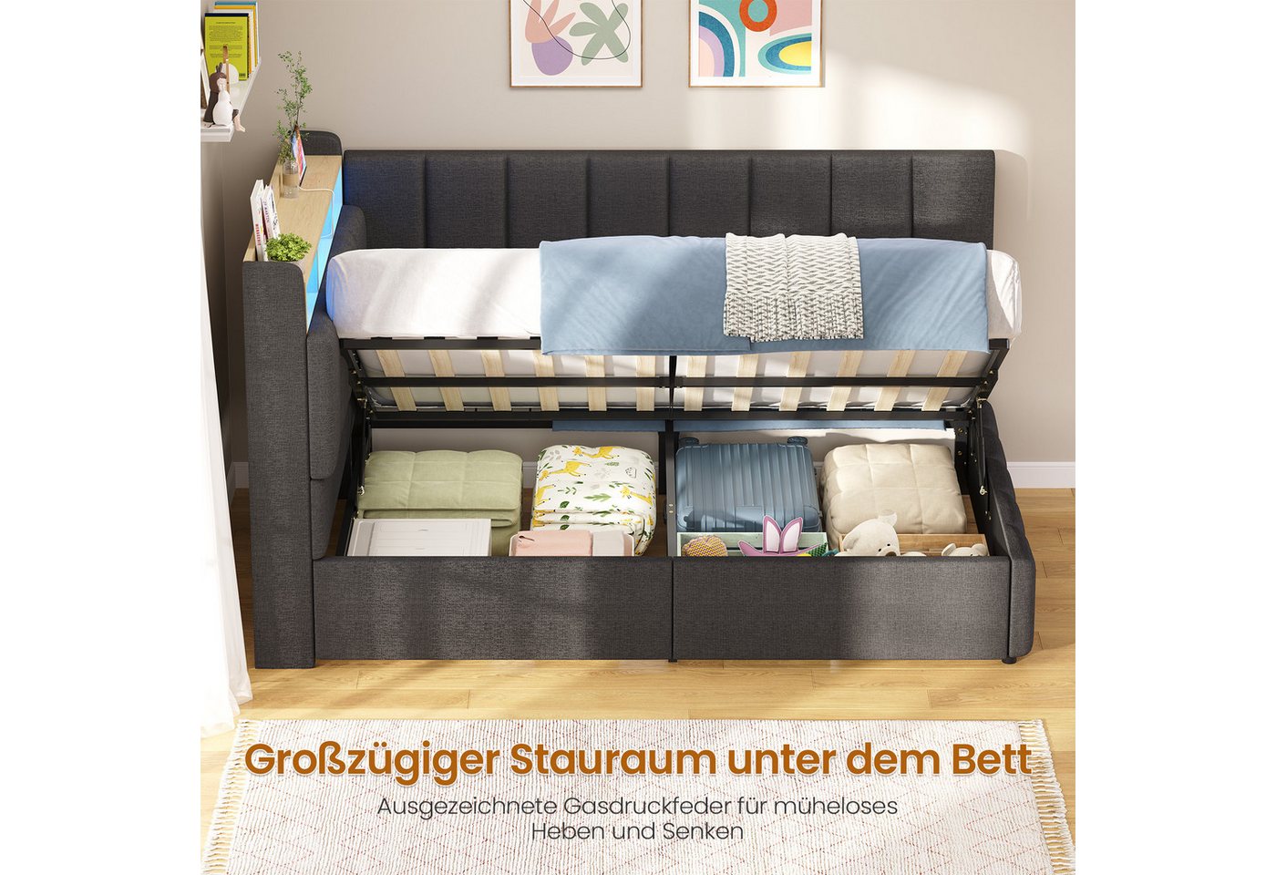 KIMENICH Jugendbett Polsterbett mit LED, Ladestation & Bettkas, Daybett, Schlafsofa (Ohne Matratze), Tagesbett für Schlaf- und Gästezimmer in 90 x 200 cm – Bild 4 von 5
