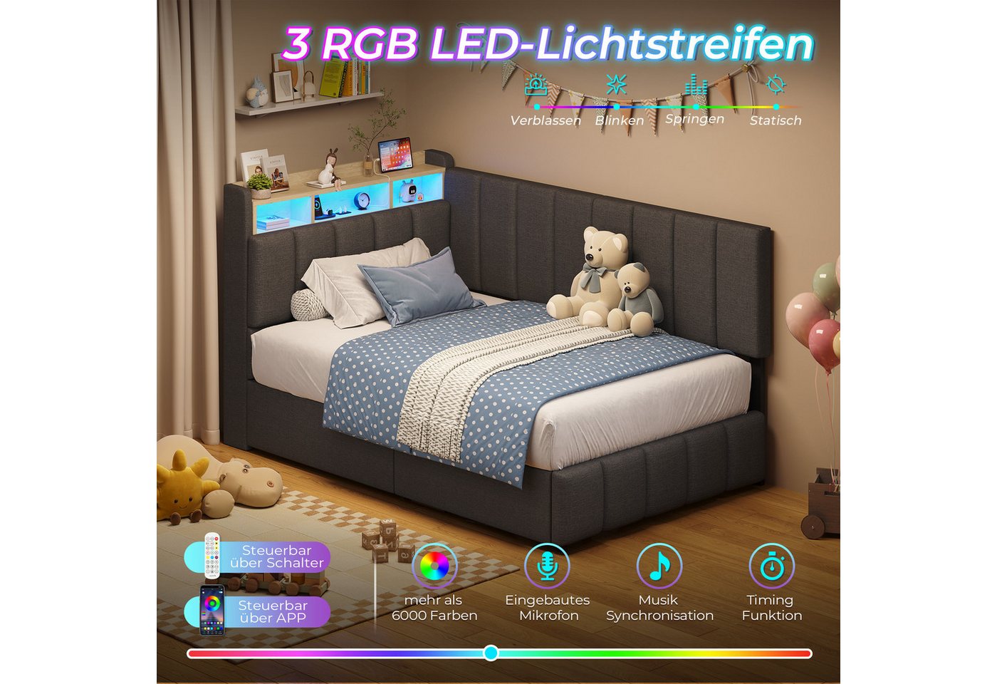 KIMENICH Jugendbett Polsterbett mit LED, Ladestation & Bettkas, Daybett, Schlafsofa (Ohne Matratze), Tagesbett für Schlaf- und Gästezimmer in 90 x 200 cm – Bild 5 von 5