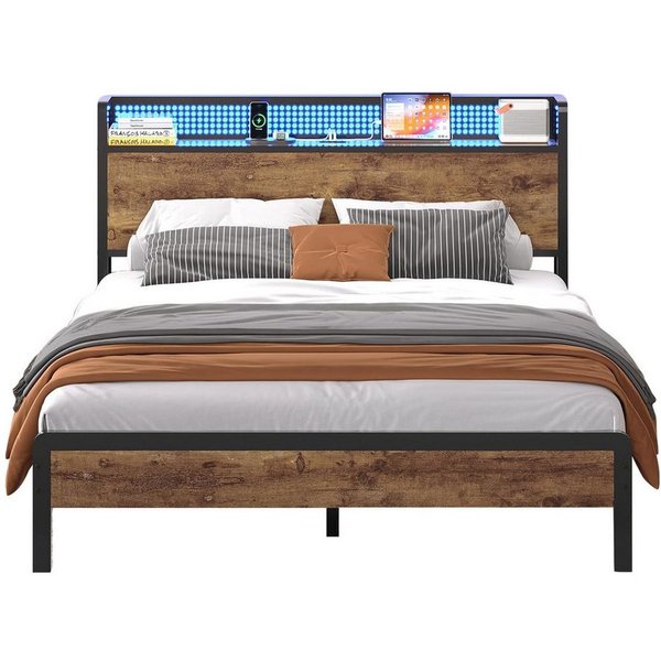 KIMENICH Metallbett mit LED-Beleuchtung – Metallrahmen, Ladestation, Vintage Braun (1-tlg., Ohne Matratze), Jugendbett, Bettgestell 140x200cm