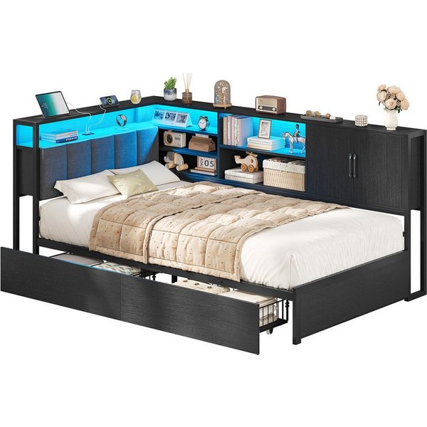KIMENICH Polsterbett Jugendbett, Schlafsofa mit LED-Beleuchtung und USB-Ladestation (1-tlg., Ohne Matratze), Tagesbett mit Lattenrost aus Metall und 2 Schublade