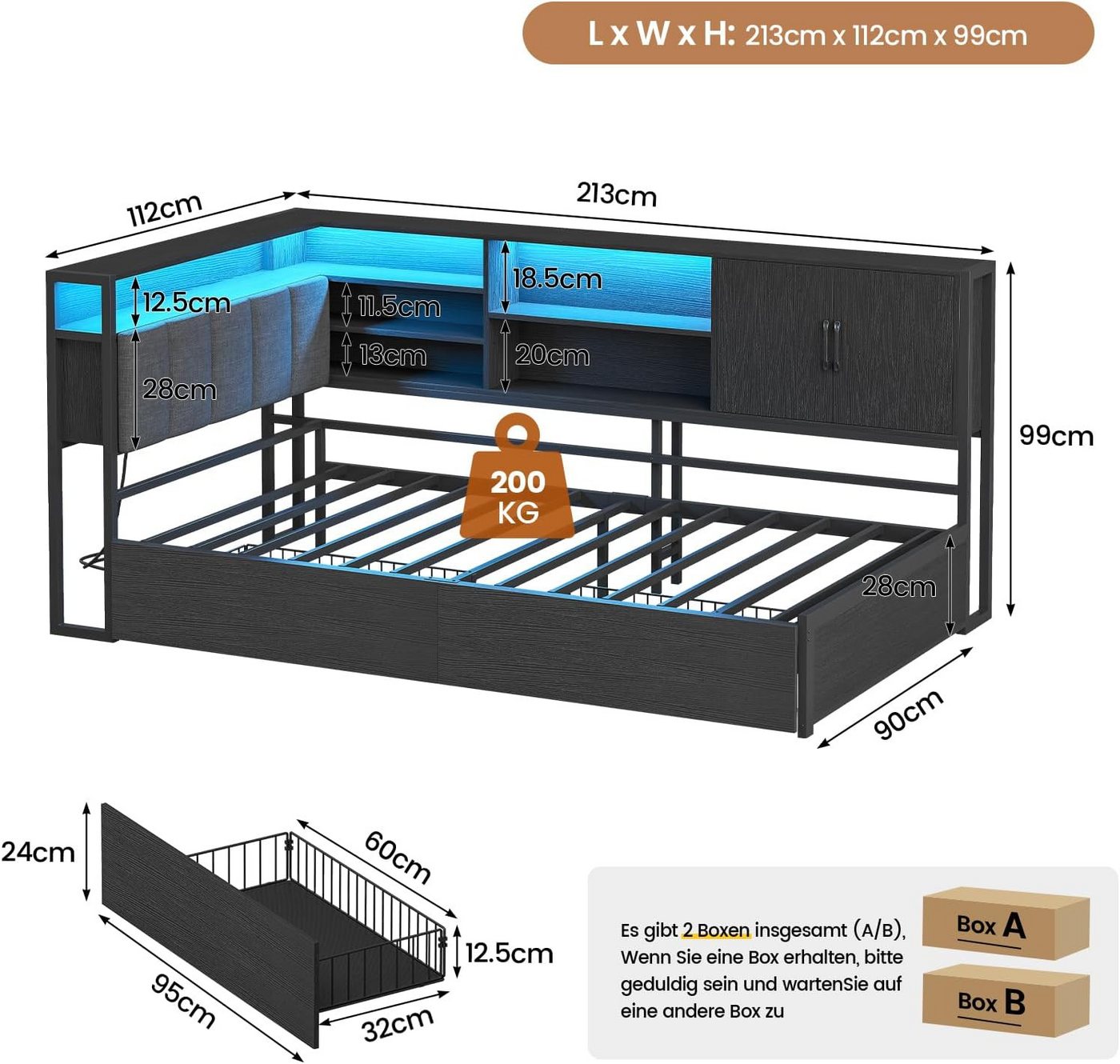 KIMENICH Polsterbett Jugendbett, Schlafsofa mit LED-Beleuchtung und USB-Ladestation (1-tlg., Ohne Matratze), Tagesbett mit Lattenrost aus Metall und 2 Schublade – Bild 2 von 5