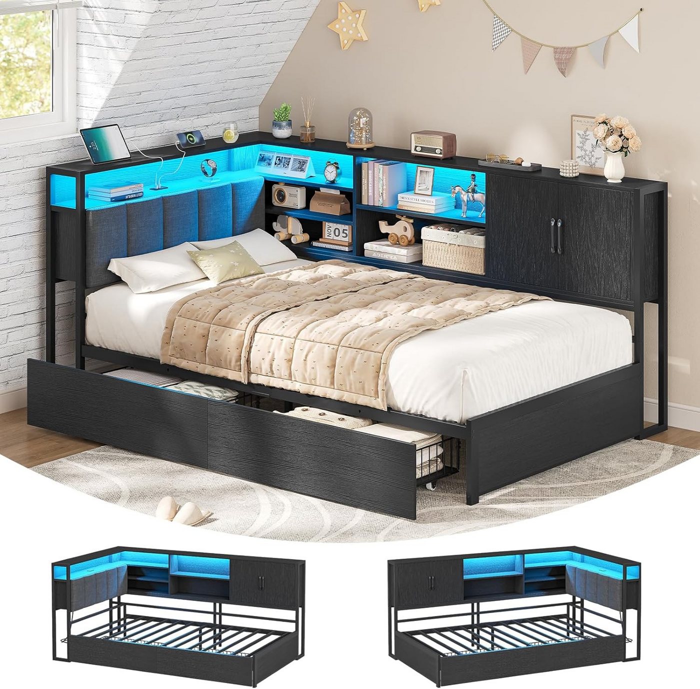 KIMENICH Polsterbett Jugendbett, Schlafsofa mit LED-Beleuchtung und USB-Ladestation (1-tlg., Ohne Matratze), Tagesbett mit Lattenrost aus Metall und 2 Schublade – Bild 3 von 5