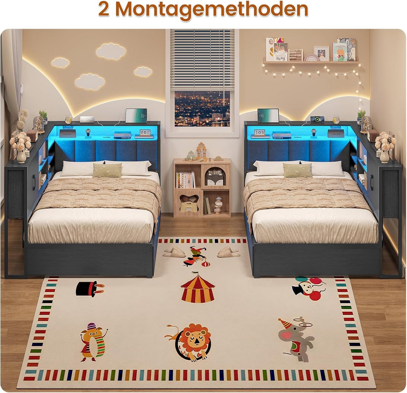 KIMENICH Polsterbett Jugendbett, Schlafsofa mit LED-Beleuchtung und USB-Ladestation (1-tlg., Ohne Matratze), Tagesbett mit Lattenrost aus Metall und 2 Schublade – Bild 4 von 5