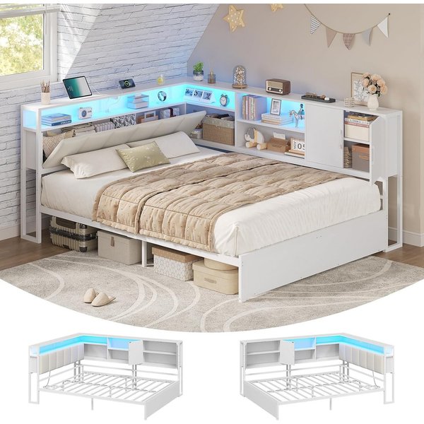 KIMENICH Polsterbett Jugendbett, Schlafsofa mit LED-Beleuchtung und USB-Ladestation (1-tlg., Ohne Matratze), Kopfteil mit Stauraum, offenen Regalen und Schrank,