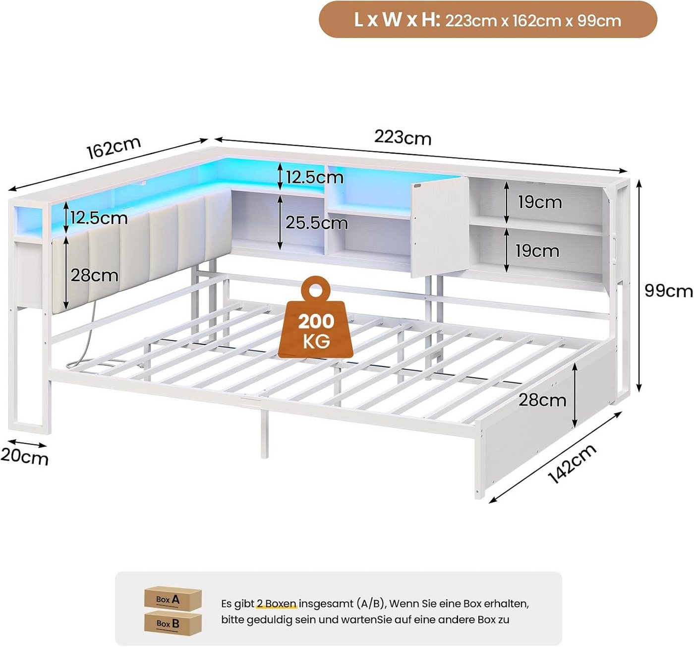 KIMENICH Polsterbett Jugendbett, Schlafsofa mit LED-Beleuchtung und USB-Ladestation (1-tlg., Ohne Matratze), Kopfteil mit Stauraum, offenen Regalen und Schrank, – Bild 2 von 5
