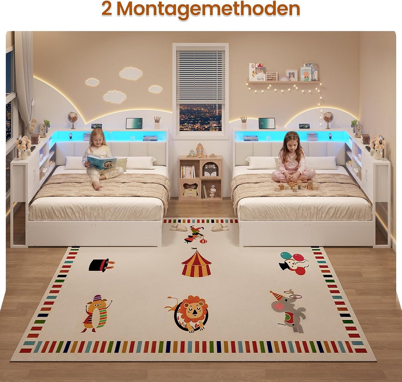 KIMENICH Polsterbett Jugendbett, Schlafsofa mit LED-Beleuchtung und USB-Ladestation (1-tlg., Ohne Matratze), Kopfteil mit Stauraum, offenen Regalen und Schrank, – Bild 3 von 5