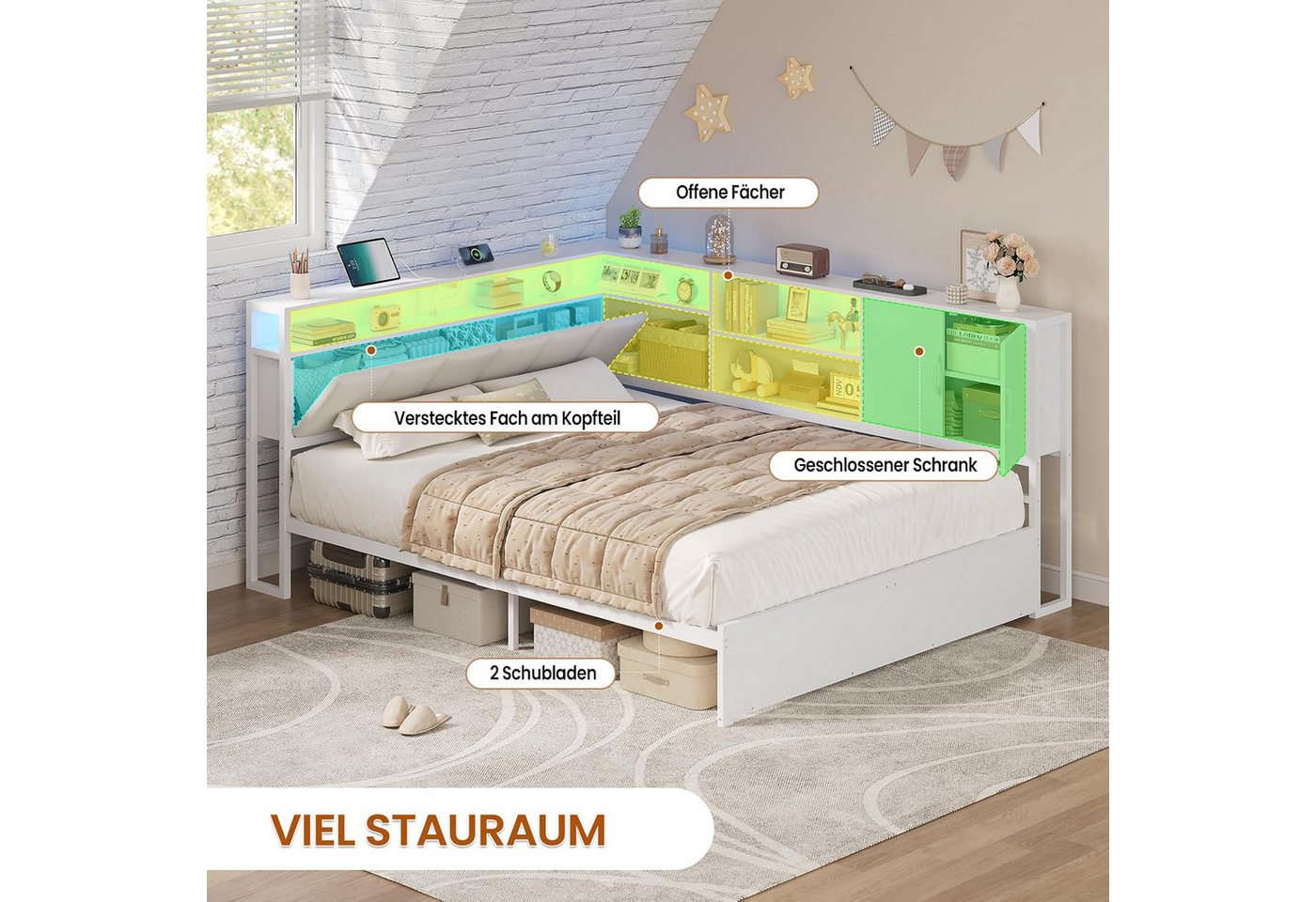 KIMENICH Polsterbett Jugendbett, Schlafsofa mit LED-Beleuchtung und USB-Ladestation (1-tlg., Ohne Matratze), Kopfteil mit Stauraum, offenen Regalen und Schrank, – Bild 4 von 5