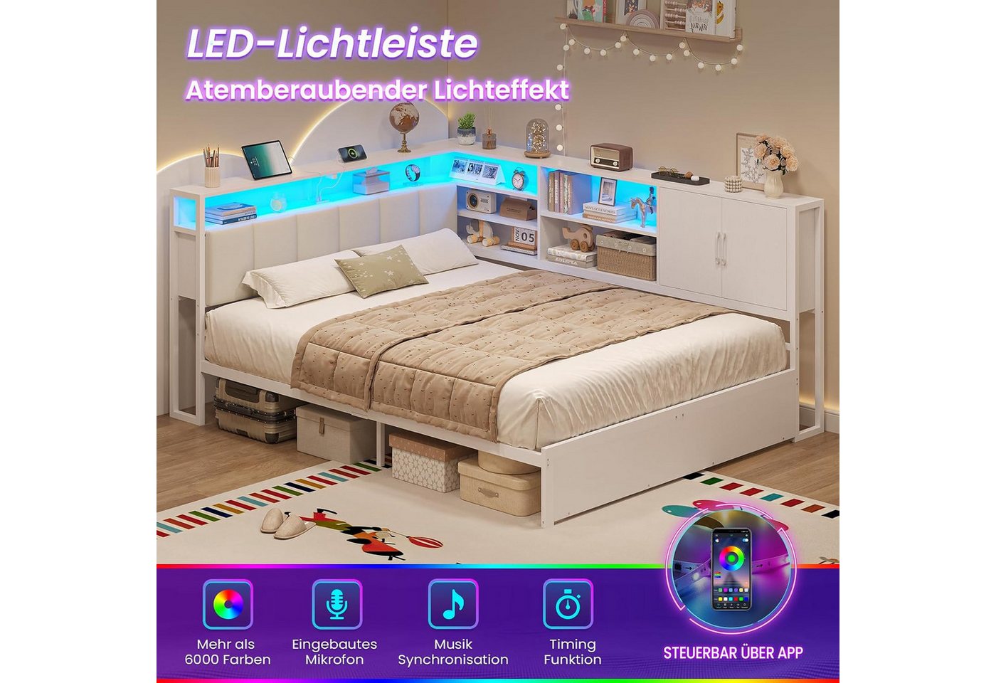 KIMENICH Polsterbett Jugendbett, Schlafsofa mit LED-Beleuchtung und USB-Ladestation (1-tlg., Ohne Matratze), Kopfteil mit Stauraum, offenen Regalen und Schrank, – Bild 5 von 5
