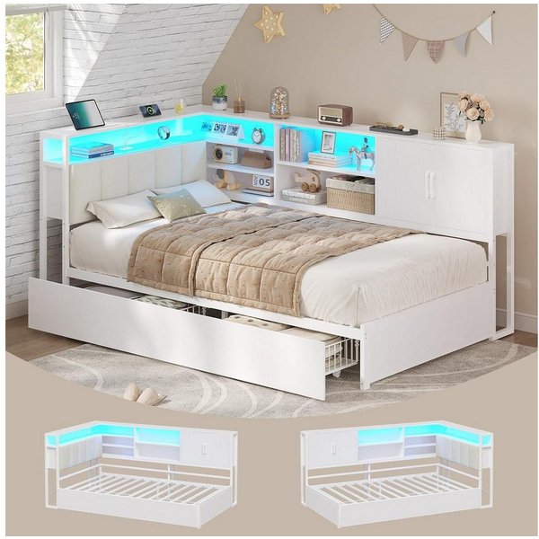 KIMENICH Polsterbett Jugendbett, Schlafsofa mit LED-Beleuchtung und USB-Ladestation (1-tlg., Ohne Matratze), Jugendbett Polsterbett mit Lattenrost aus Metall, 9