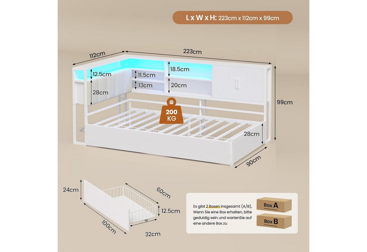 KIMENICH Polsterbett Jugendbett, Schlafsofa mit LED-Beleuchtung und USB-Ladestation (1-tlg., Ohne Matratze), Jugendbett Polsterbett mit Lattenrost aus Metall, 9 – Bild 2 von 5