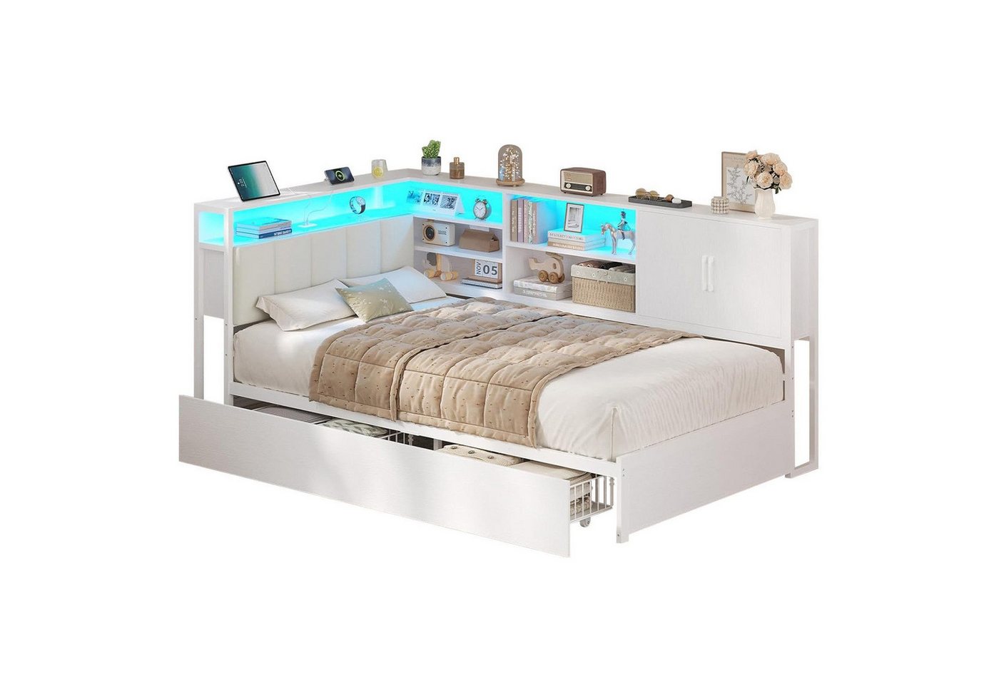 KIMENICH Polsterbett Jugendbett, Schlafsofa mit LED-Beleuchtung und USB-Ladestation (1-tlg., Ohne Matratze), Jugendbett Polsterbett mit Lattenrost aus Metall, 9 – Bild 3 von 5