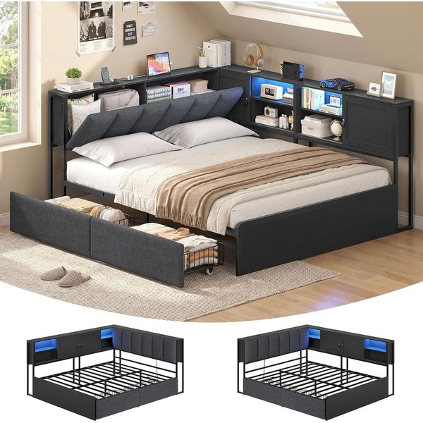 KIMENICH Polsterbett mit LED‑Beleuchtung, integrierter Ladestation und Stauraum‑Kopfteil (Ohne Matratze), Schlafsofa, Jugendbett, Tagesbett, 2 Schubladen, 140 x