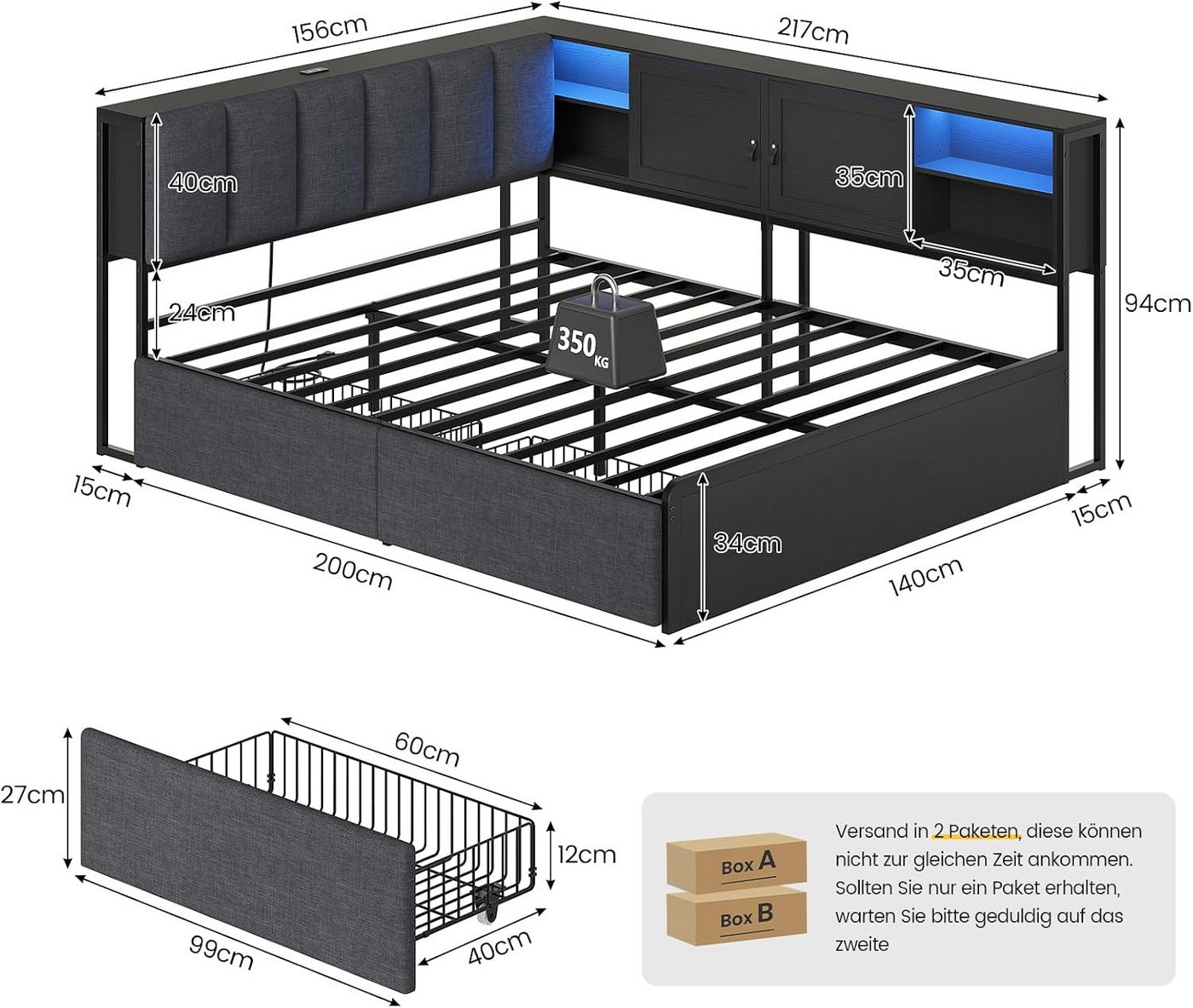 KIMENICH Polsterbett mit LED‑Beleuchtung, integrierter Ladestation und Stauraum‑Kopfteil (Ohne Matratze), Schlafsofa, Jugendbett, Tagesbett, 2 Schubladen, 140 x – Bild 2 von 5
