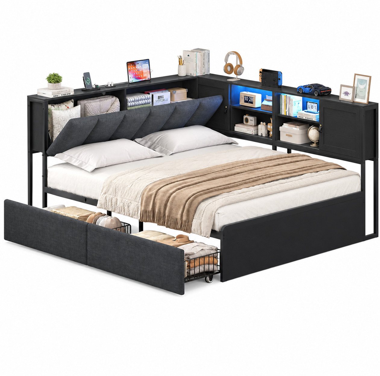KIMENICH Polsterbett mit LED‑Beleuchtung, integrierter Ladestation und Stauraum‑Kopfteil (Ohne Matratze), Schlafsofa, Jugendbett, Tagesbett, 2 Schubladen, 140 x – Bild 3 von 5