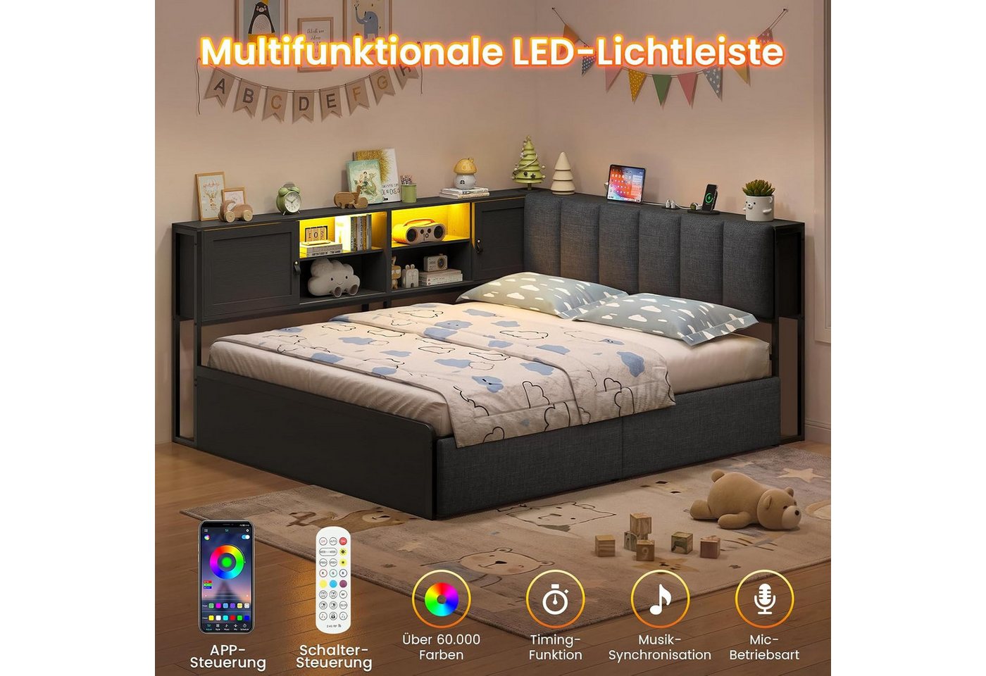 KIMENICH Polsterbett mit LED‑Beleuchtung, integrierter Ladestation und Stauraum‑Kopfteil (Ohne Matratze), Schlafsofa, Jugendbett, Tagesbett, 2 Schubladen, 140 x – Bild 4 von 5