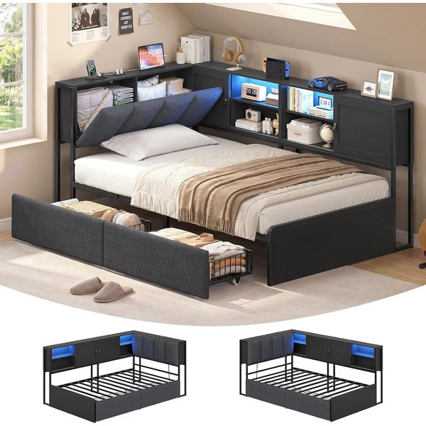 KIMENICH Polsterbett mit LED‑Beleuchtung, integrierter Ladestation und Stauraum‑Kopfteil (Ohne Matratze), Schlafsofa, Jugendbett, Tagesbett, 2 Schubladen, 90 x 