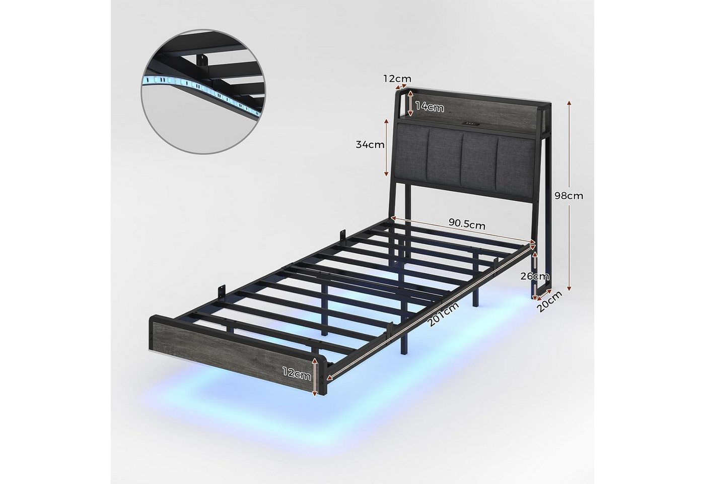KIMENICH Polsterbett mit USB Ladefunktion und LED-Beleuchtung, Schwebender visueller Effekt (1-tlg., Ohne Matratze), Jugendbett Bettgestell 90x200cm – Bild 2 von 5