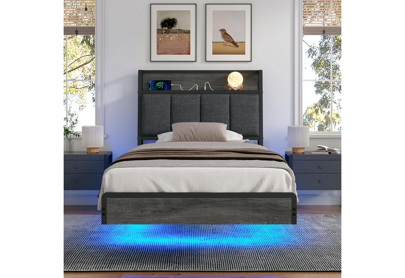 KIMENICH Polsterbett mit USB Ladefunktion und LED-Beleuchtung, Schwebender visueller Effekt (1-tlg., Ohne Matratze), Jugendbett Bettgestell 90x200cm – Bild 3 von 5