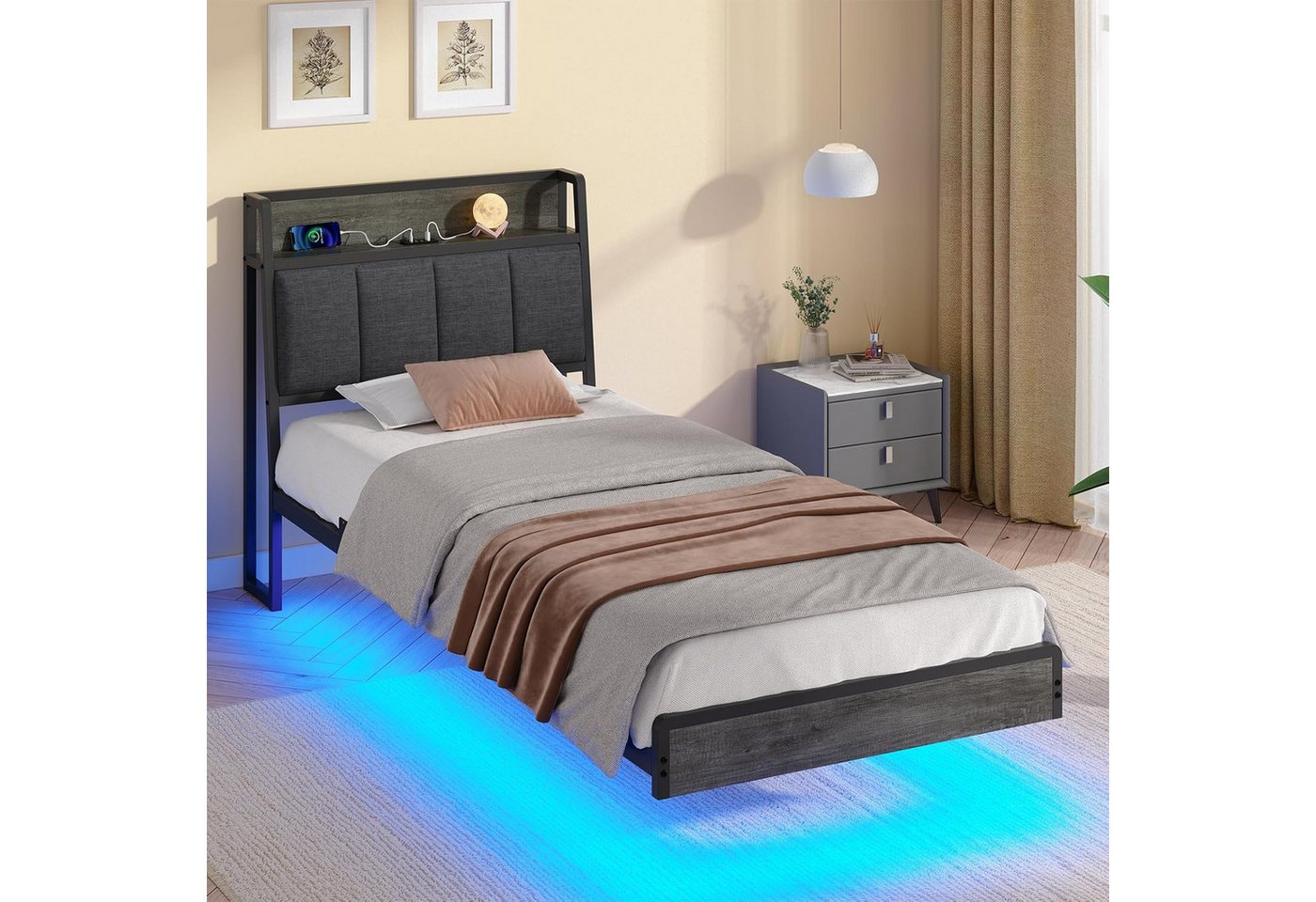 KIMENICH Polsterbett mit USB Ladefunktion und LED-Beleuchtung, Schwebender visueller Effekt (1-tlg., Ohne Matratze), Jugendbett Bettgestell 90x200cm – Bild 4 von 5