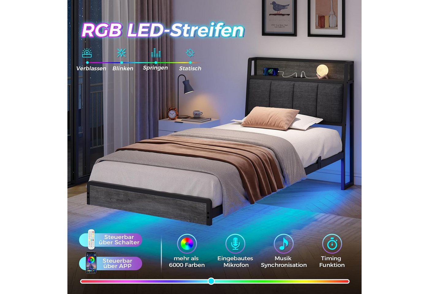 KIMENICH Polsterbett mit USB Ladefunktion und LED-Beleuchtung, Schwebender visueller Effekt (1-tlg., Ohne Matratze), Jugendbett Bettgestell 90x200cm – Bild 5 von 5