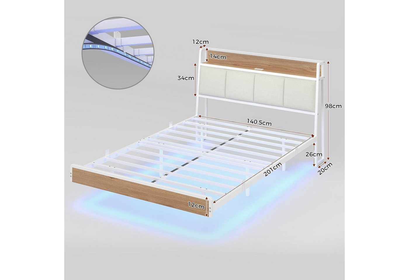 KIMENICH Polsterbett mit USB Ladefunktion und LED-Beleuchtung, Schwebender visueller Effekt (1-tlg., Ohne Matratze), Jugendbett Bettgestell 140x200cm – Bild 2 von 5