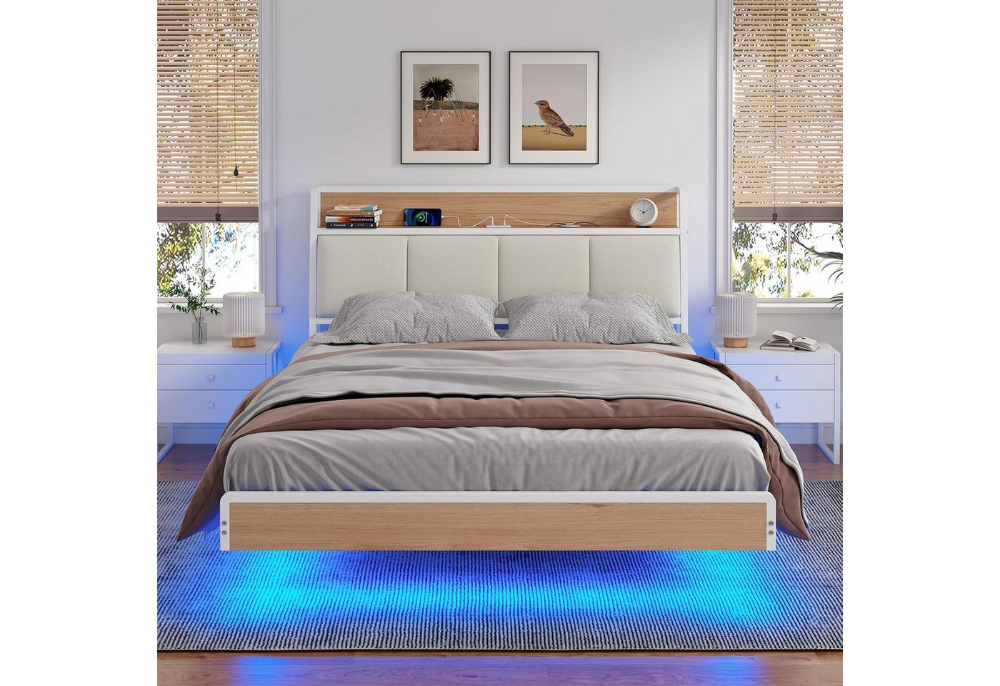 KIMENICH Polsterbett mit USB Ladefunktion und LED-Beleuchtung, Schwebender visueller Effekt (1-tlg., Ohne Matratze), Jugendbett Bettgestell 140x200cm – Bild 3 von 5