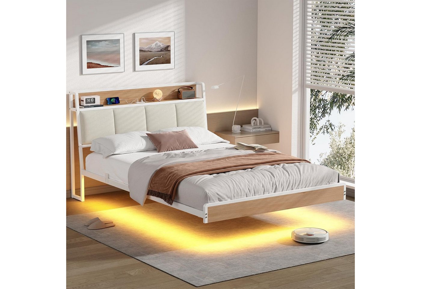 KIMENICH Polsterbett mit USB Ladefunktion und LED-Beleuchtung, Schwebender visueller Effekt (1-tlg., Ohne Matratze), Jugendbett Bettgestell 140x200cm – Bild 5 von 5