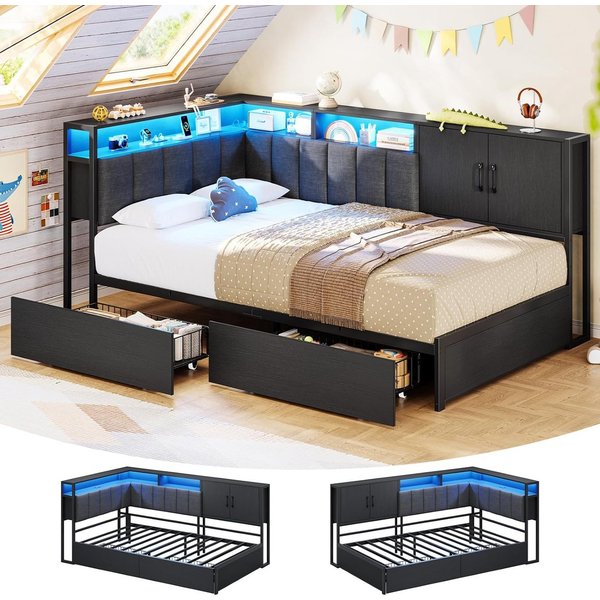 KIMENICH Polsterbett Schlafsofa mit LED-Beleuchtung, Jugendbett mit 2 Schubladen (1-tlg., Ohne Matratze), Kopfteil mit offenem Regal und Schrank, 90x190cm