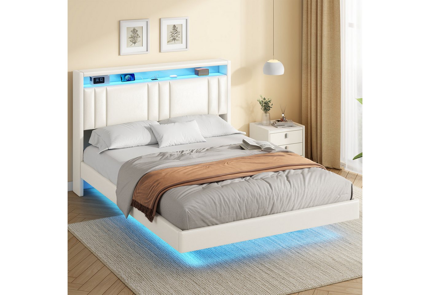 KIMENICH Polsterbett Schwebendes Doppelbett, Jugendbett mit RGB LED-Beleuchtung (Ohne Matratze), Kopfteil mit Stauraum und USB-C Ladestation, 140x200cm – Bild 2 von 5