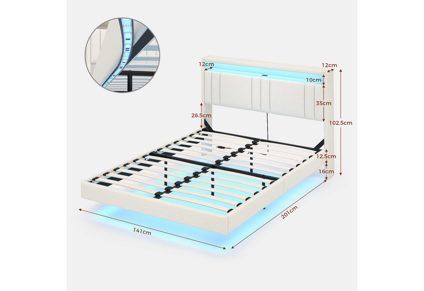 KIMENICH Polsterbett Schwebendes Doppelbett, Jugendbett mit RGB LED-Beleuchtung (Ohne Matratze), Kopfteil mit Stauraum und USB-C Ladestation, 140x200cm – Bild 3 von 5