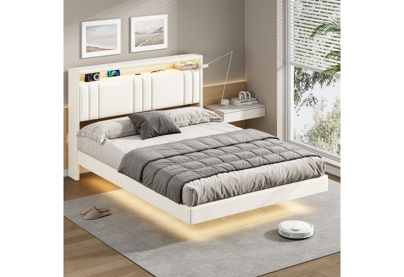 KIMENICH Polsterbett Schwebendes Doppelbett, Jugendbett mit RGB LED-Beleuchtung (Ohne Matratze), Kopfteil mit Stauraum und USB-C Ladestation, 140x200cm – Bild 4 von 5