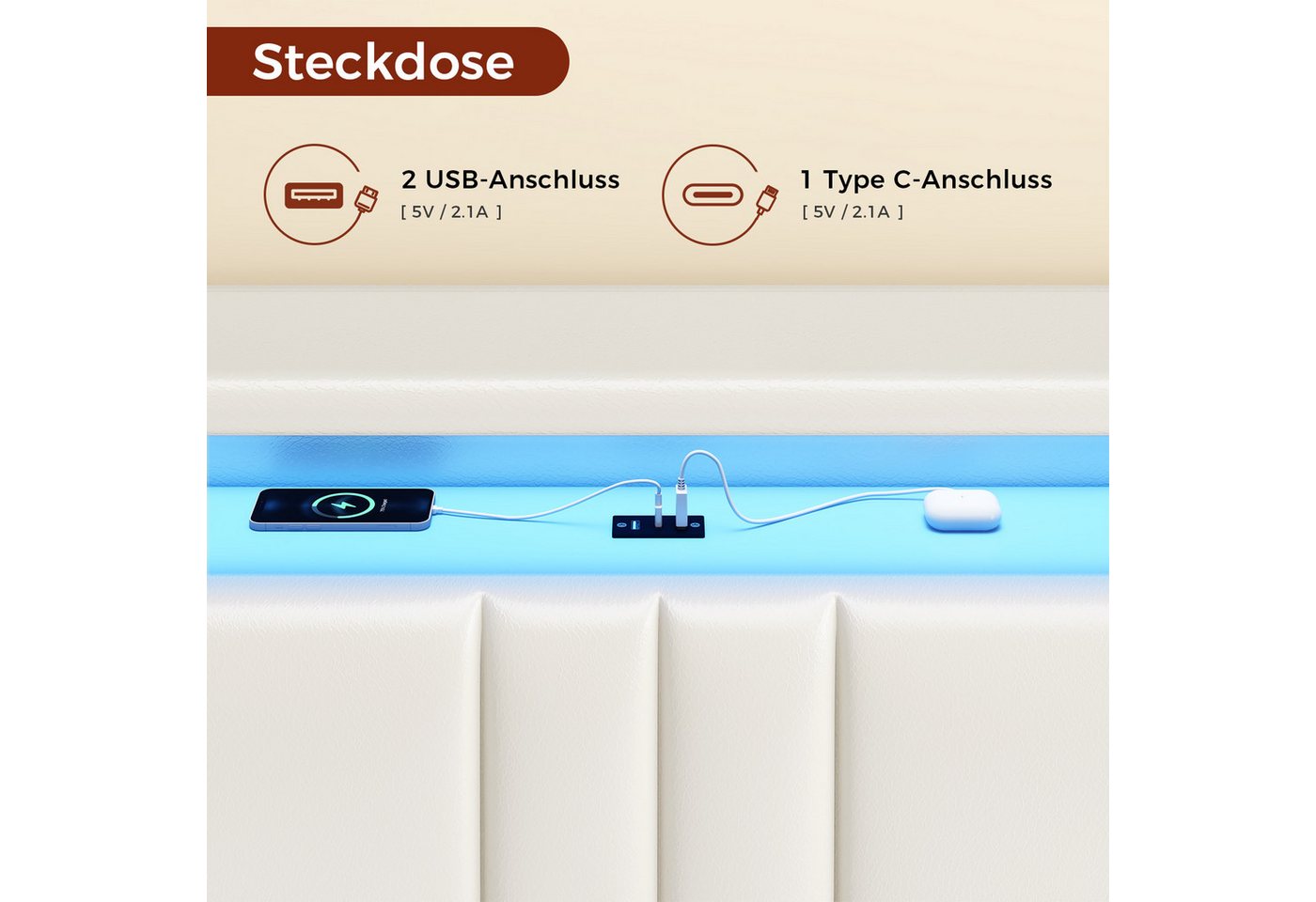 KIMENICH Polsterbett Schwebendes Doppelbett, Jugendbett mit RGB LED-Beleuchtung (Ohne Matratze), Kopfteil mit Stauraum und USB-C Ladestation, 140x200cm – Bild 5 von 5