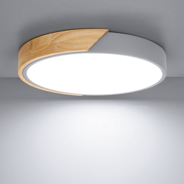 Kimjo Deckenleuchte runde LED-Deckenlampe, Ø30cm ultradünn für alle Wohnräume, LED fest integriert, kaltweiß, LED-Panel mit Holzoptik & grauem Rahmen, 24 W, 600