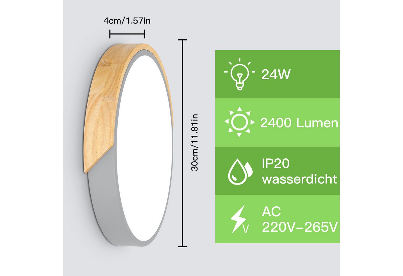 Kimjo Deckenleuchte runde LED-Deckenlampe, Ø30cm ultradünn für alle Wohnräume, LED fest integriert, kaltweiß, LED-Panel mit Holzoptik & grauem Rahmen, 24 W, 600 – Bild 2 von 5