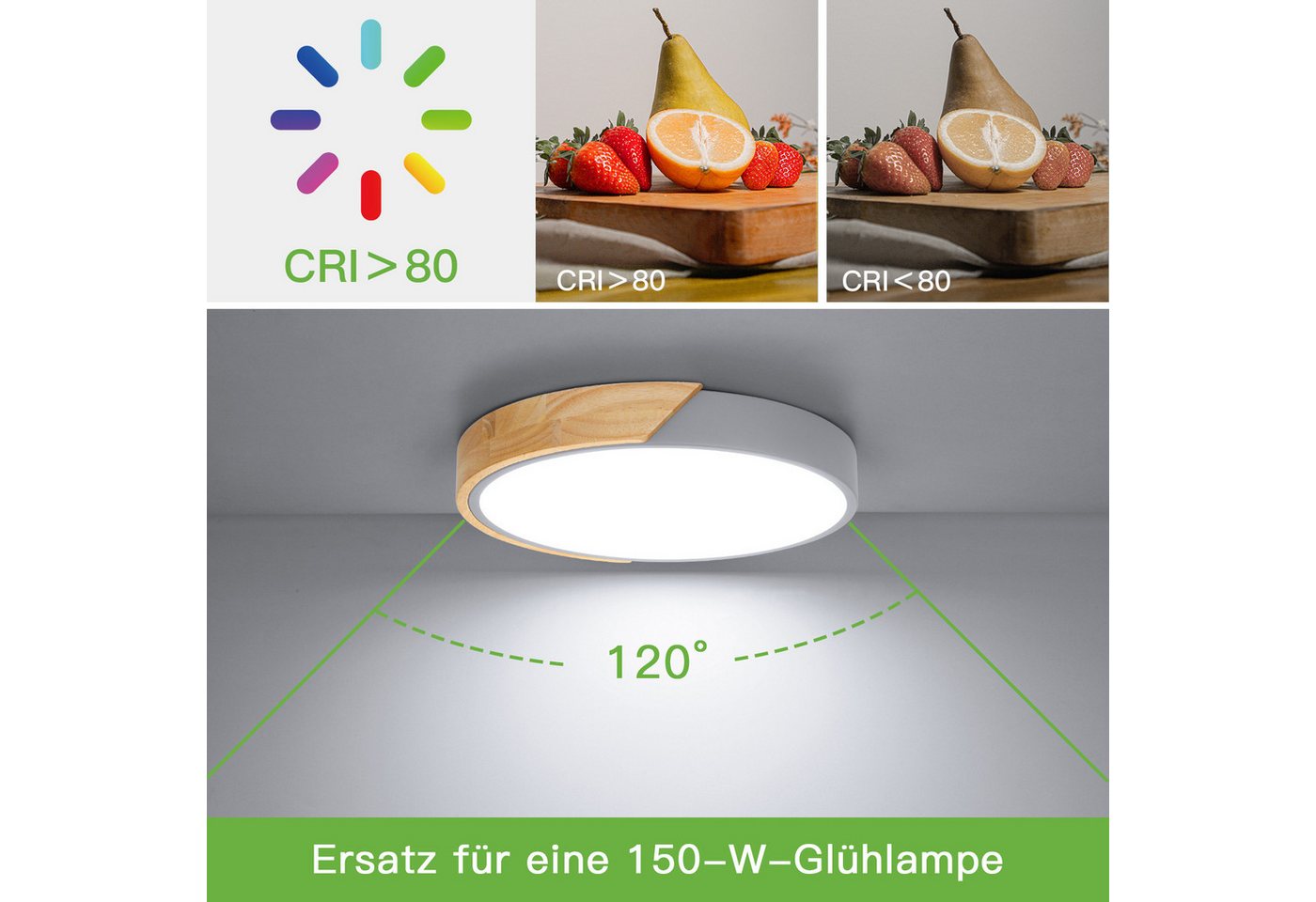 Kimjo Deckenleuchte runde LED-Deckenlampe, Ø30cm ultradünn für alle Wohnräume, LED fest integriert, kaltweiß, LED-Panel mit Holzoptik & grauem Rahmen, 24 W, 600 – Bild 4 von 5