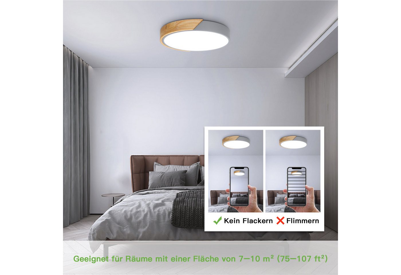Kimjo Deckenleuchte runde LED-Deckenlampe, Ø30cm ultradünn für alle Wohnräume, LED fest integriert, kaltweiß, LED-Panel mit Holzoptik & grauem Rahmen, 24 W, 600 – Bild 5 von 5