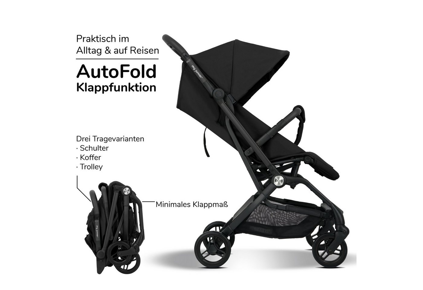 my junior Kinder-Buggy my junior® PICO² Black Night, bis 22kg, Einhand AutoFold, Getränkehalter, Transporttasche – Bild 3 von 5