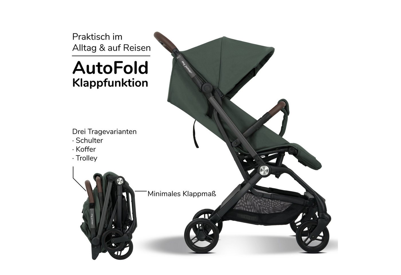 my junior Kinder-Buggy my junior® PICO² Sage Green, bis 22kg, Einhand AutoFold, Getränkehalter, Transporttasche – Bild 2 von 5