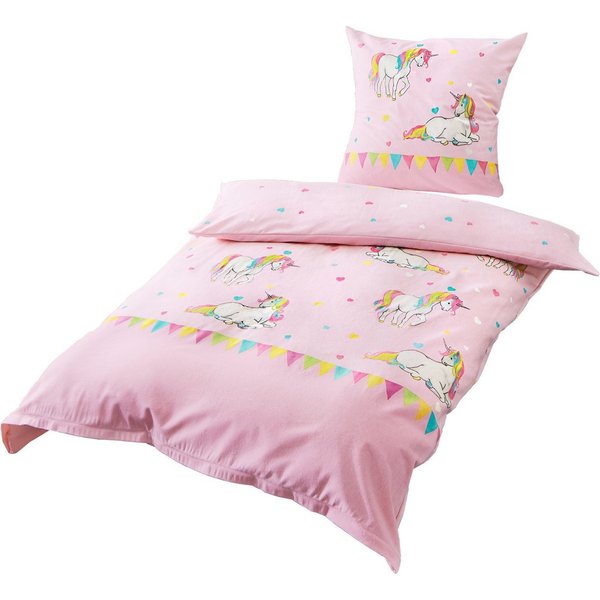 JACK Kinderbettwäsche JACK by Bierbaum Einhorn Kinder Biber Bettwäsche 2 tlg. 135x200cm, Biber, 2 teilig, Unicorn Einhörner mit bunten Herzen, wunderschöne Kind