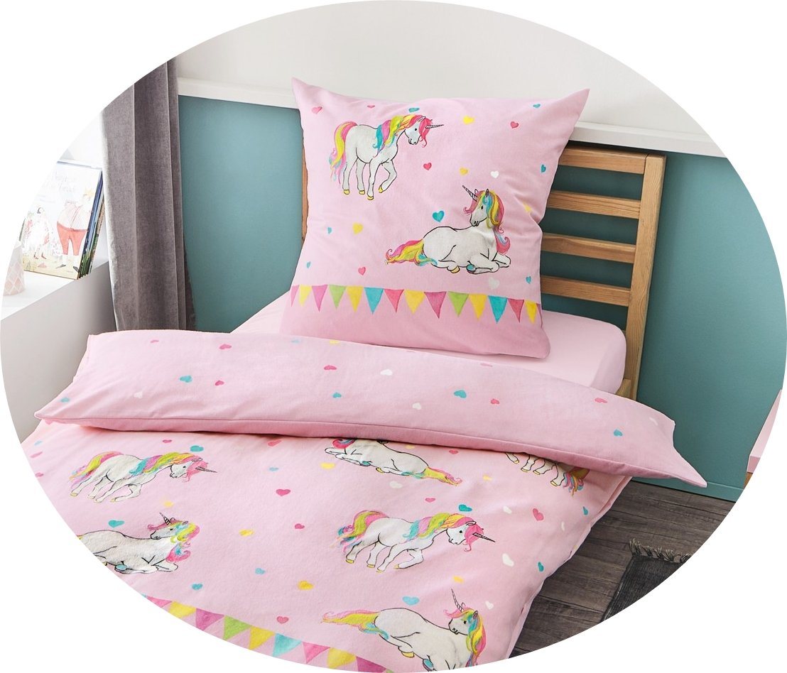 JACK Kinderbettwäsche JACK by Bierbaum Einhorn Kinder Biber Bettwäsche 2 tlg. 135x200cm, Biber, 2 teilig, Unicorn Einhörner mit bunten Herzen, wunderschöne Kind – Bild 2 von 5