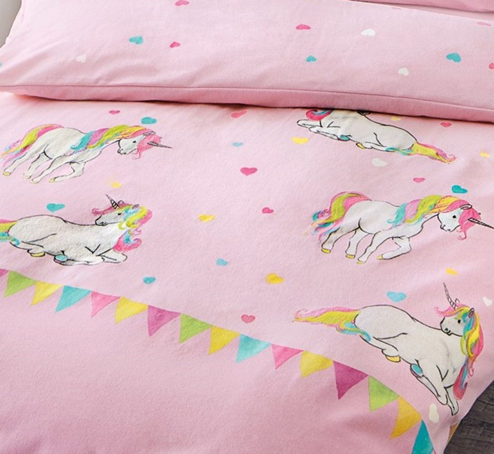 JACK Kinderbettwäsche JACK by Bierbaum Einhorn Kinder Biber Bettwäsche 2 tlg. 135x200cm, Biber, 2 teilig, Unicorn Einhörner mit bunten Herzen, wunderschöne Kind – Bild 3 von 5