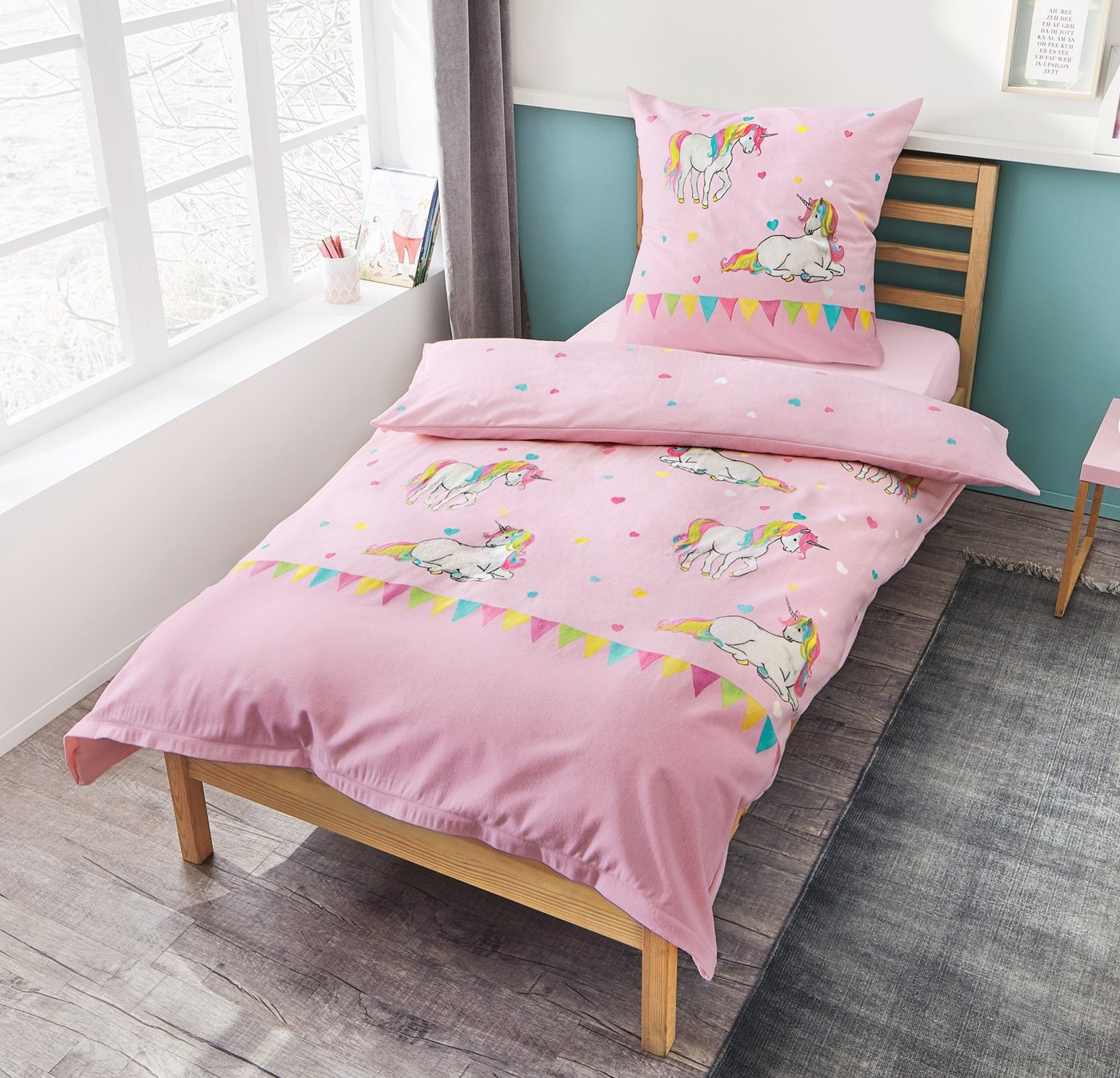 JACK Kinderbettwäsche JACK by Bierbaum Einhorn Kinder Biber Bettwäsche 2 tlg. 135x200cm, Biber, 2 teilig, Unicorn Einhörner mit bunten Herzen, wunderschöne Kind – Bild 4 von 5