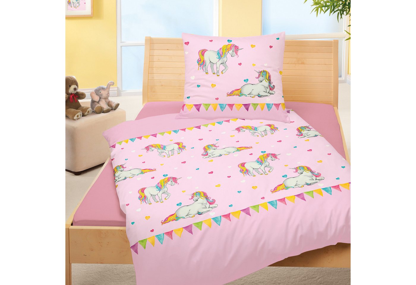 JACK Kinderbettwäsche JACK by Bierbaum Einhorn Kinder Biber Bettwäsche 2 tlg. 135x200cm, Biber, 2 teilig, Unicorn Einhörner mit bunten Herzen, wunderschöne Kind – Bild 5 von 5