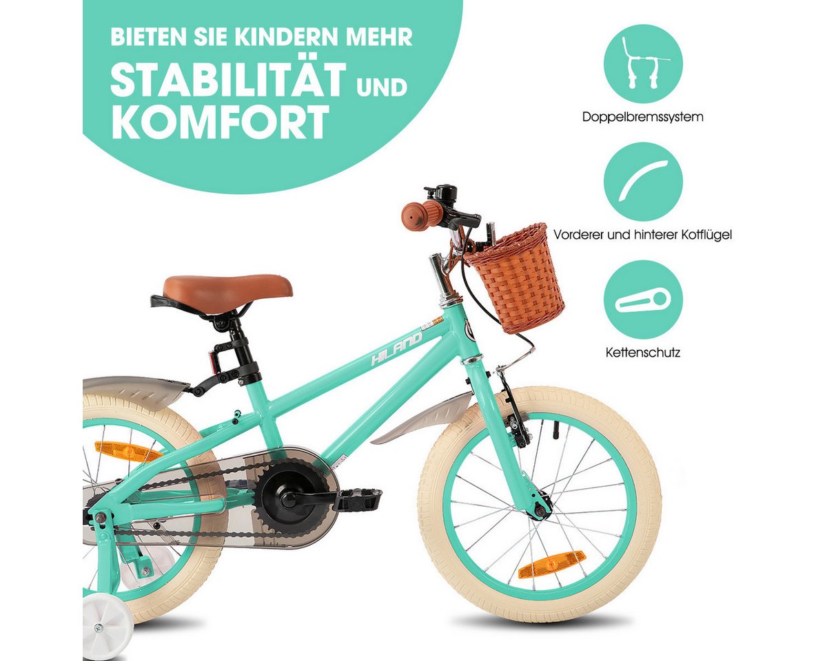 HILAND Kinderfahrrad HILAND Retro Kinderfahrrad Korb, Stützräder & Bremse 14/16/18 Zoll, mit Stützrädern, Handbremse und Rücktrittbremse, Korb – Bild 2 von 5
