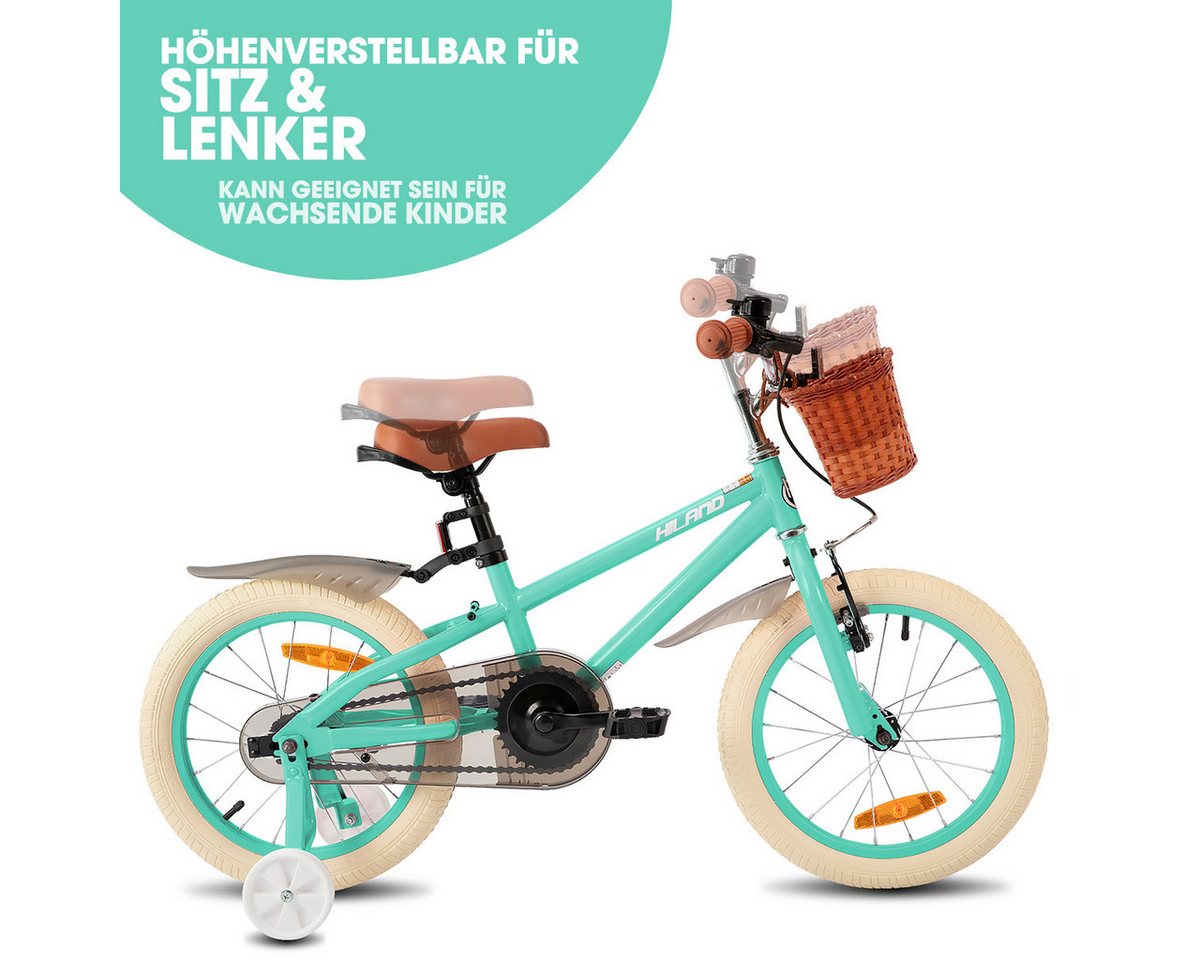 HILAND Kinderfahrrad HILAND Retro Kinderfahrrad Korb, Stützräder & Bremse 14/16/18 Zoll, mit Stützrädern, Handbremse und Rücktrittbremse, Korb – Bild 3 von 5