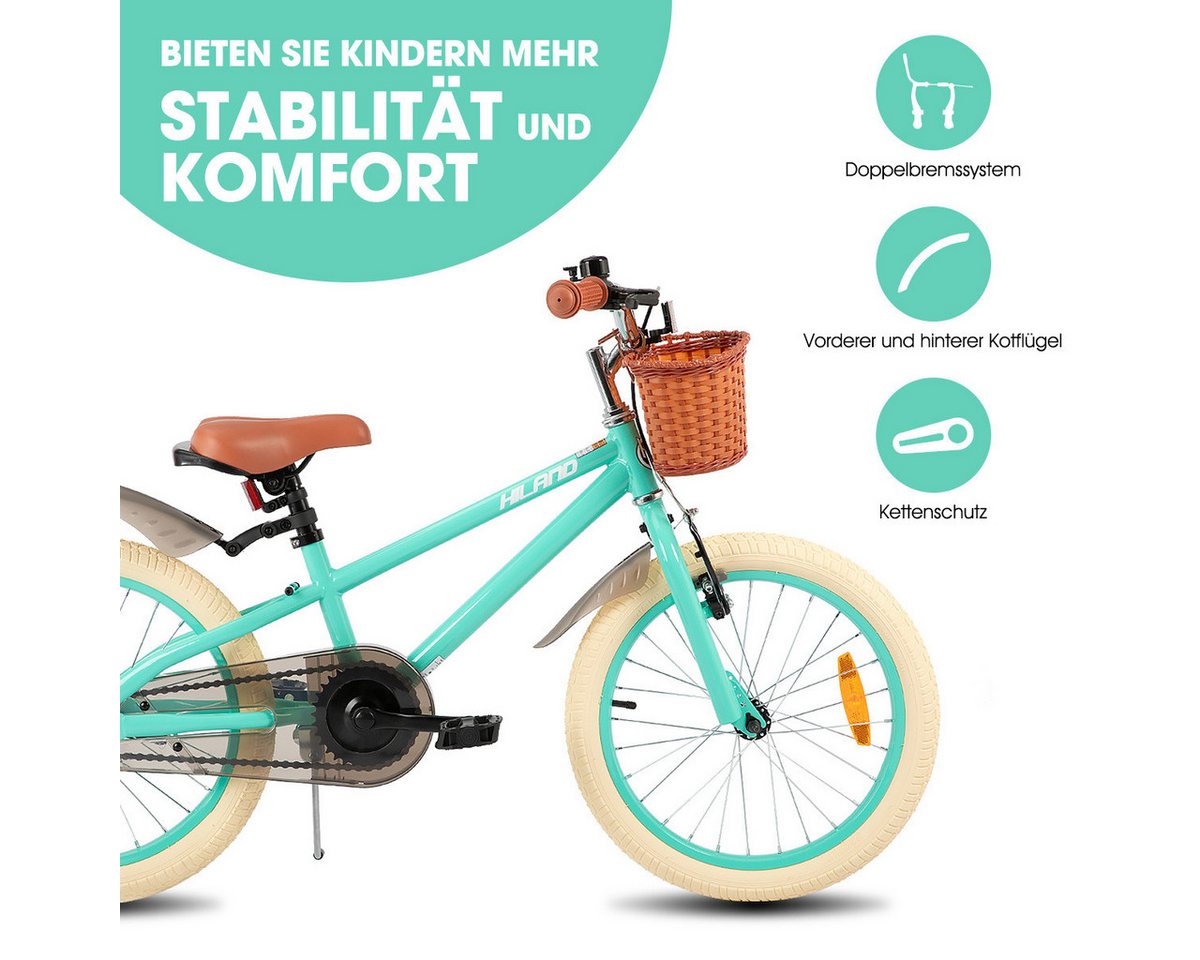 HILAND Kinderfahrrad HILAND Retro Kinderfahrrad Korb, Stützräder & Bremse 14/16/18 Zoll, mit Stützrädern, Handbremse und Rücktrittbremse, Korb – Bild 2 von 5
