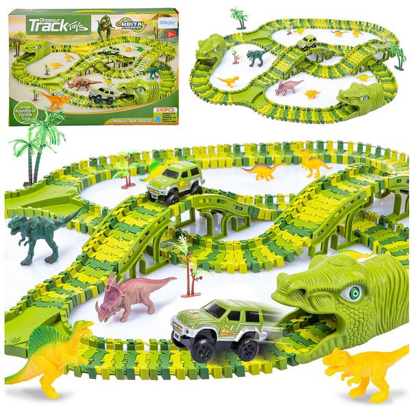 kinderplay Autorennbahn Dinosaurier Rennbahn 360 cm – flexibles Spielset – kreativer Bauspaß