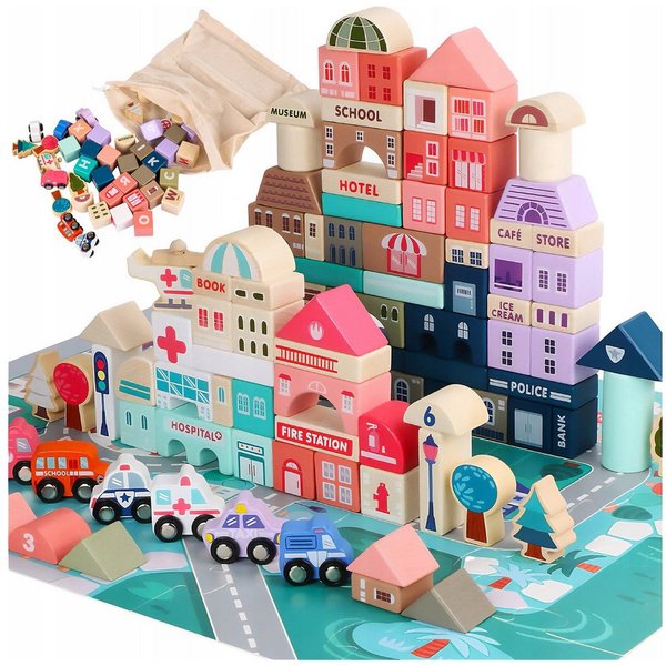 Kinderplay Dolls & Strollers Holzbausteine Stadt Set – 115 tlg Lernspiel – ab 3 Jahren – mit Matte Holzbaukasten, (Set, Holz-Bausteine-Set 115-tlg)