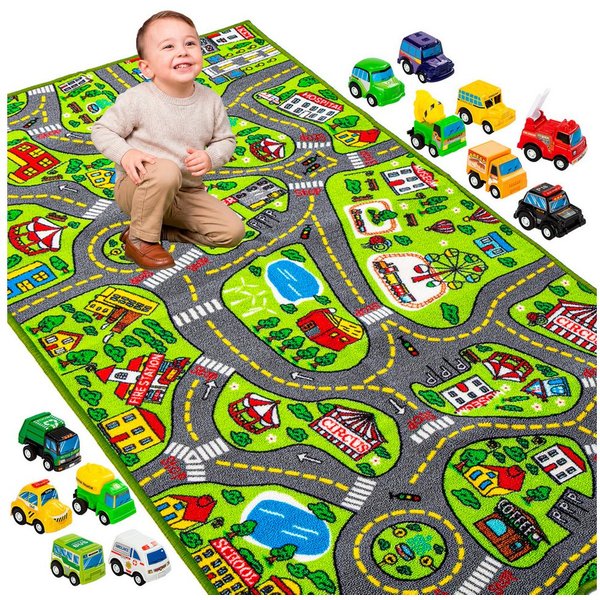 JOYIN Kinderteppich JOYIN Teppich Kinderzimmer 80x150cm mit 12 Mini Auto Spielzeug